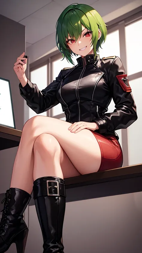 woman with short green hair ,    crimson red eyes   , athletic, small but muscular, Wear red military pants, a black shirt,  and a black leather jacket , with black boots,  sitting at a table in an office with a dominant look and a mischievous smile. manga...