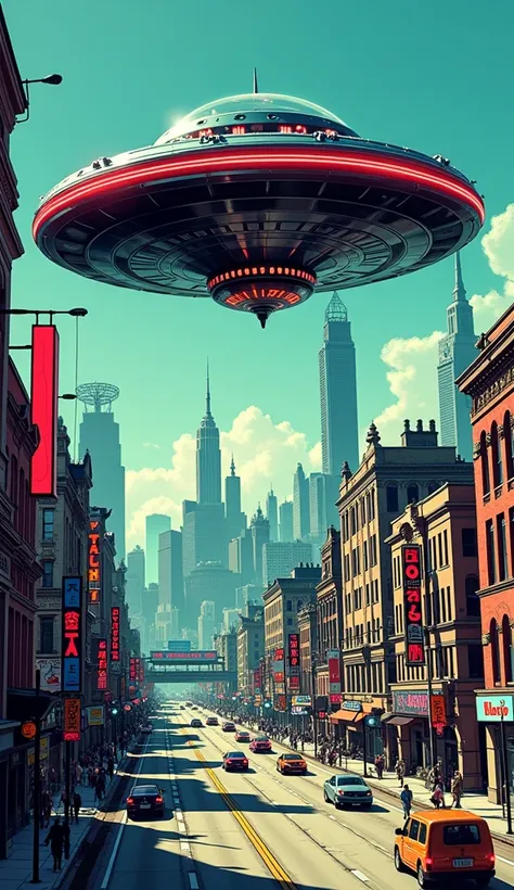 American comic book drawing of a flying saucer over a big city