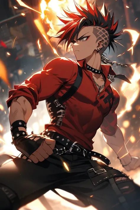 A boy with punk hair of 2 m ,  wears a red shirt and sparks come out of his muscles 