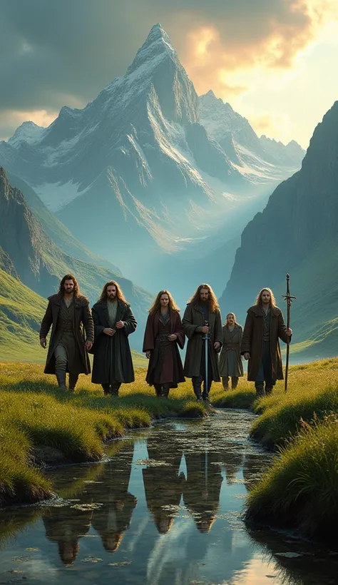  A inspired by The Lord of the Rings ,  showing the iconic characters  (Frodo, Alone, aragorn, Legolas, Gimli , Gandalf, y Boromir )  walking together through a spectacular landscape .  The stage is full of details :  majestic mountains in the background ,...