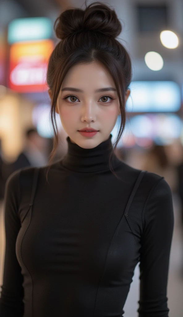 The woman in the urban outfit has a striking appearance. Her face is oval-shaped with high cheekbones and a defined jawline, giving her a strong and confident look. Her eyes are large and expressive, with long, dark eyelashes that frame them beautifully. T...