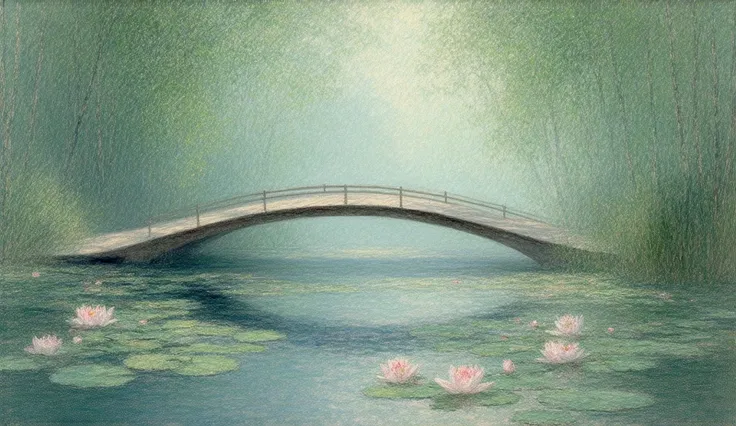 A vertical wallpaper inspired by Monet’s iconic lily pond, featuring an arched wooden bridge surrounded by lush greenery. The pond below is filled with water lilies painted in soft pastel tones of pink and white, while the reflections of the trees and sky ...