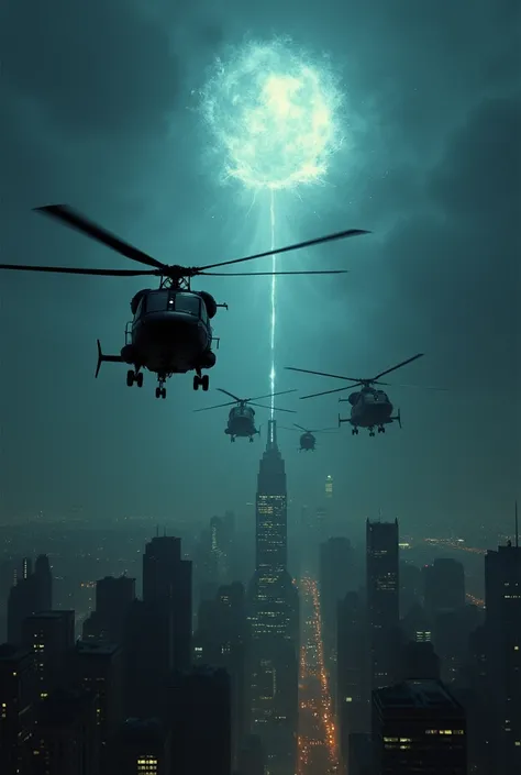  Sikorsky CH-53 helicopters flying away from Manhattan, Night, theres a gap in the sky between dimensions from which something comes out