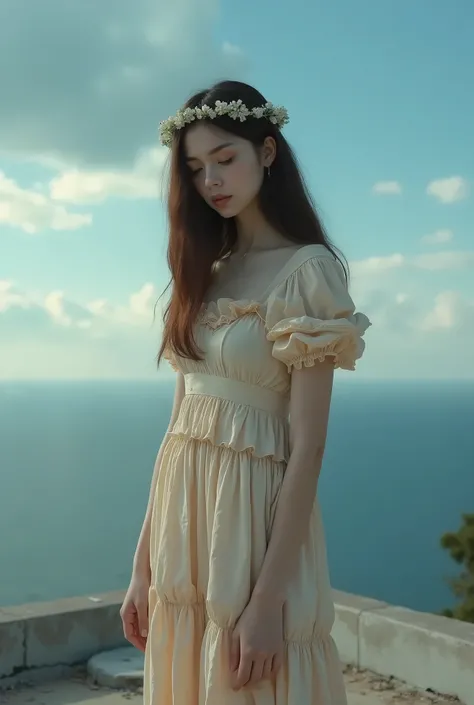 This photograph captures a young woman standing on a rooftop, gazing downward with a contemplative expression. She has straight, dark brown hair that falls past her shoulders and is adorned with a delicate, white floral crown. The woman is wearing a sleeve...