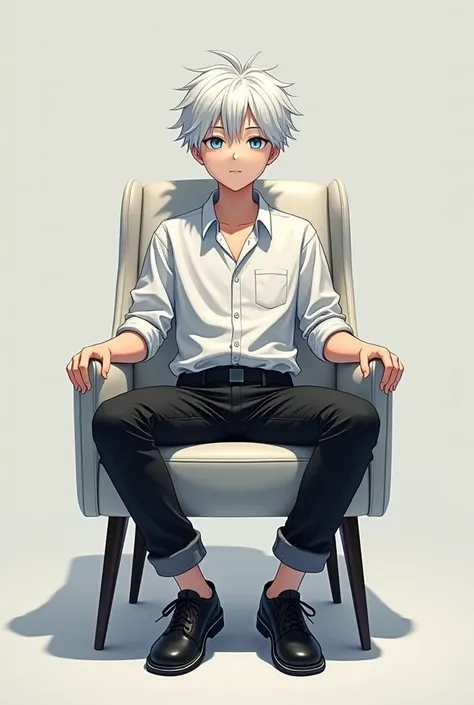 A boy sitting a chair he looks like a anime character. white shirt and Black jeans and Black sneakers. White hair. blue eyes he looks like gojo satoru