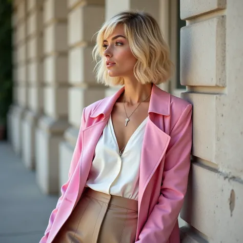 A photorealistic photograph of a blonde woman with short shoulder-length hair and a medium build, neither too thin nor overly curvy. She is wearing a white blouse with a neckline, a pink trench coat draped elegantly over her shoulders, and a beige leather ...