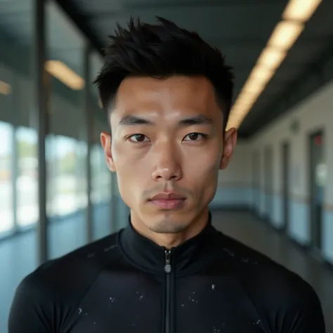  bicycling figure，Inverted triangle body frame ， Wheat Skin Tone Without Beard ，Perfectly proportioned face shape， black short hair thick eyebrows big eyes ， dark brown with divine pupils ，Handsome Asian man with two eyes and good looking lashes ， in front...