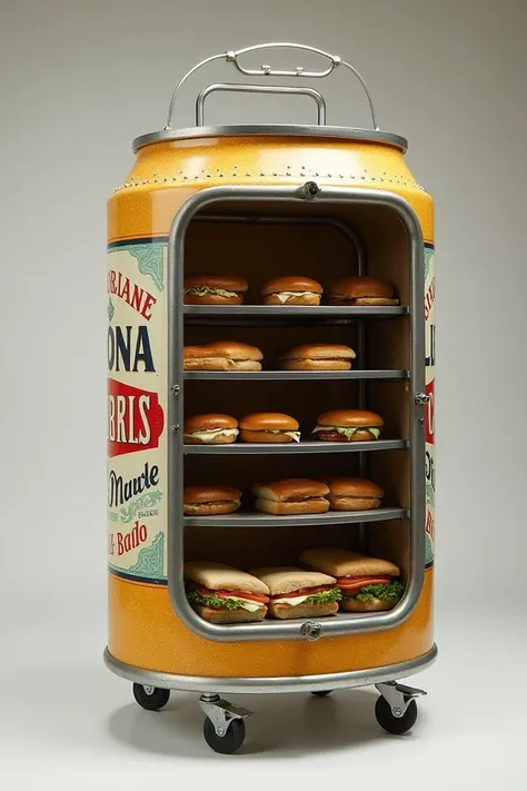 Design a food and sandwich storage cart that is shaped like a canned beer 