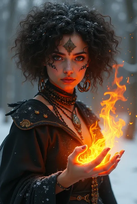 Fire witch in her 20s, flames in brown eyes, winter, interesting curly hairstyle, jewerly in hair, dark tattoo on face, black skin 