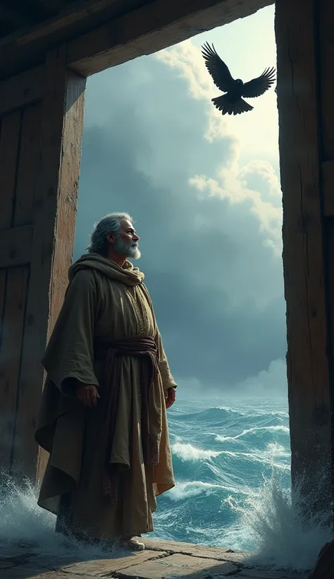 Image of Noah unleashing the raven on the ark.