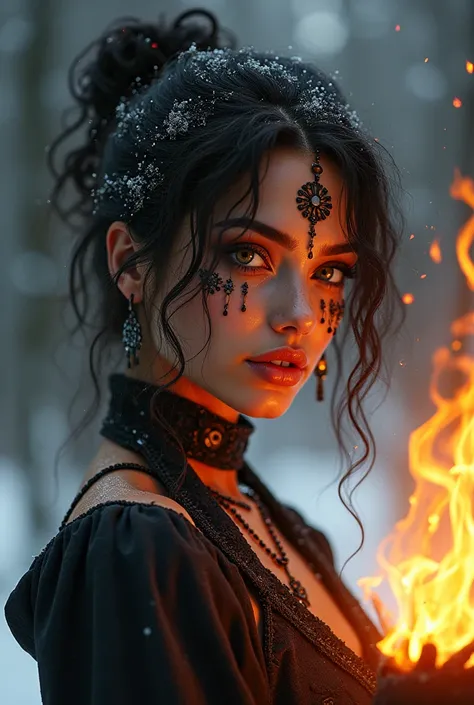 Fire witch in her 20s, flames in brown eyes, winter, interesting curly hairstyle, jewerly in hair, dark tattoo on face, black skin 