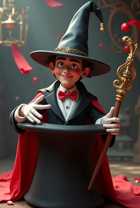 A wizard from tuxedo white gloves rod and galley 3d Pixar style magic accessories comes out of a galley black hat with giant red ribbon