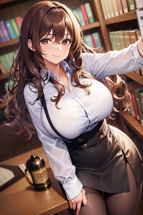 (Close Shot, Best Quality:1.5, hight resolution, nffsw, 4K, Detailed Lighting, brown wavy hair with shadows, Large breasts, Standing, (POV), Buttoned shirt, Tight skirt, pantyhose, Smiling, Mature Woman, Library Background