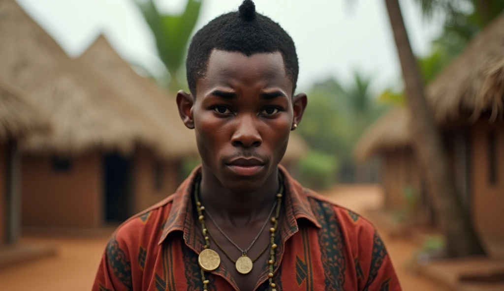 hyper-realistic image of a black african man in an african village. The expression of the young man is lake someone feeling very very bad oror.