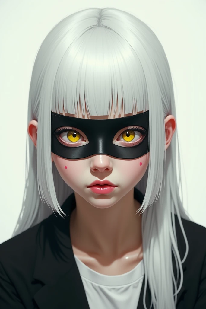  White with straight hair and black bangs square face and yellow eyes 
