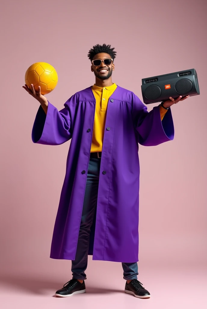 Can you help me generate a picture with guy on graduation robe (purple) standing and posing the posing with his jbl boombox speaker (the cylindrical one with a holder which you can hold while the speaker is hanging on air) and also with holding a yellow fo...