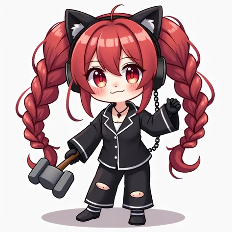  create a girls 2D Twitch emote icon,  chibi anime, human,  with hair consisting of two huge braids behind ,  red hair color with medium low saturation , Classic fringe, white pele,  two strands on top of the hair , Light red eyes, small bust,  Black pajam...