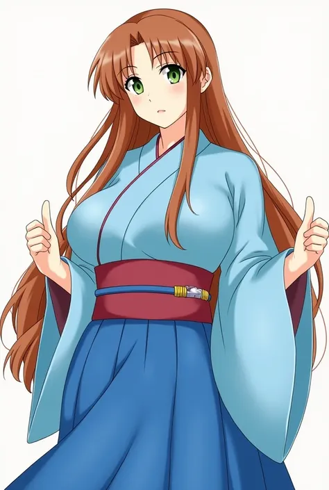  Murasaki Shikibu OC from Bungo stray dogs, chestnut,  long hair from the Heian era , loose and straight hair ,  unadorned hair , broad forehead, bushy eyebrows, short eyebrows, beautiful character, blue clothes,  Haori completely light blue , blue skirt,c...