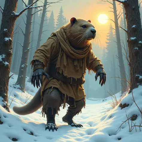 A stoned humanoid beaver dressed in rags came out of the forest one day in the cold winter, it was very cold, crazy sun, snow, funny ways