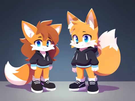 two furry boys, cute fox, thick hair, detailed body, plain clothes, high quality