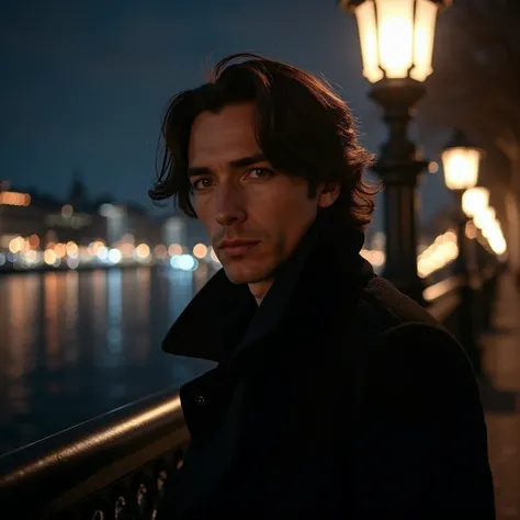 ((city, street, night, refraction effect, lantern light)), (masterpiece, top quality)), (1 male), european male (solo), ((portrait)), perfect face, ((hetero, dark brown hair, ((black coat)), background - night city in lantern light, looking into the distan...