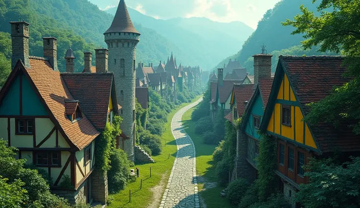 colorful green blue blue and yellow colors,  medieval fantasy street with a bird&#39;birds-eye view of magic , A lot of people