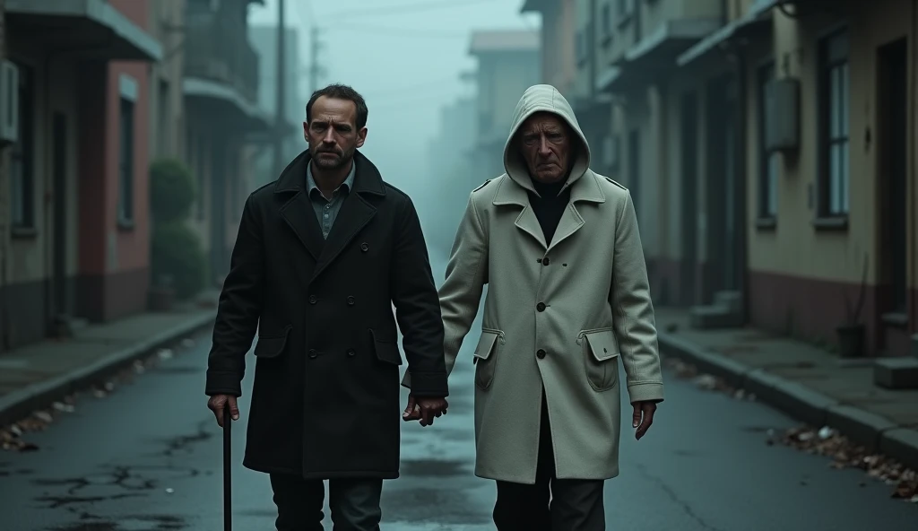  Realistic image in 4k of a 30-year-old boy helping an elderly blind man cross the street, sinister look ,  dressed in a white cane wool jacket ,  in a gloomy neighborhood  