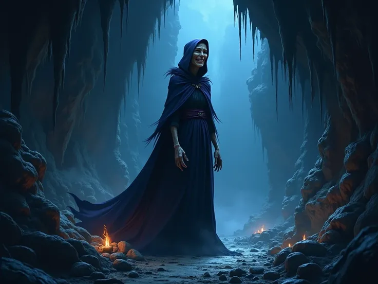  image for a cartoon story YouTube video in Pixar format. a cave: An evil witch stands in a dark and gloomy cave.