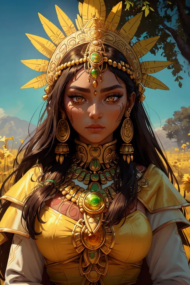 in a beautiful flowers field a beautiful mature woman lying in a field of beautiful white, yellow and gold flowers. . she has a traditional outfit of Aztec people his eyes are visible. she has magnificent ultra detailed golden eyes, her pupils are dilated ...