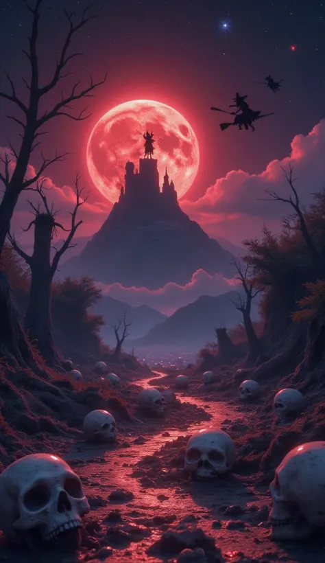  Sunset The Red Moon meets the Sun in the Sky , black sky,  Stars Sparkle like little lights ,  Earth Soaked in the Bad Smell of Got dead and dead Time Zombies Come Out of the Ground,  cartoon , Pixar Style ,  Skulls Roll with a Smile on Their Face ,  The ...