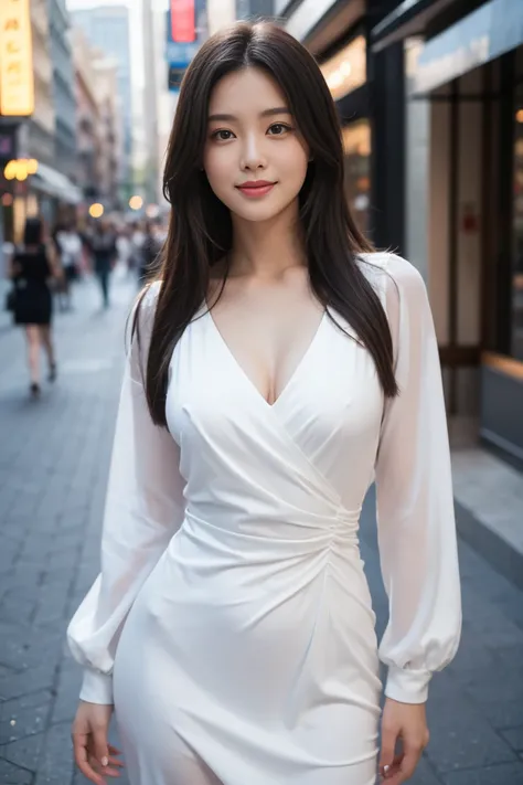 ((Best Quality, 8K, Masterpiece: 1.3)), skinny fit Body, Beauty skin waist and wide hips: flat belly,  1.4, 2,((kim_dress,dress)) long sleeves, long thick hair, straight hair  , mature, high ball glass cleavage,  Bust fullness: 1.6, Thigh Volume: 1.6, pref...