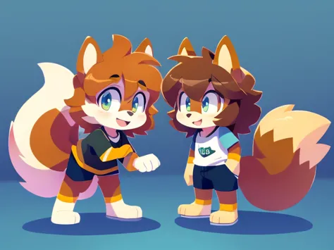 two furry boys, cute squirrel, thick hair, detailed body, plain clothes, high quality