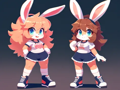 two cute furry bunny girls, thick hair, detailed body, plain clothes, high quality