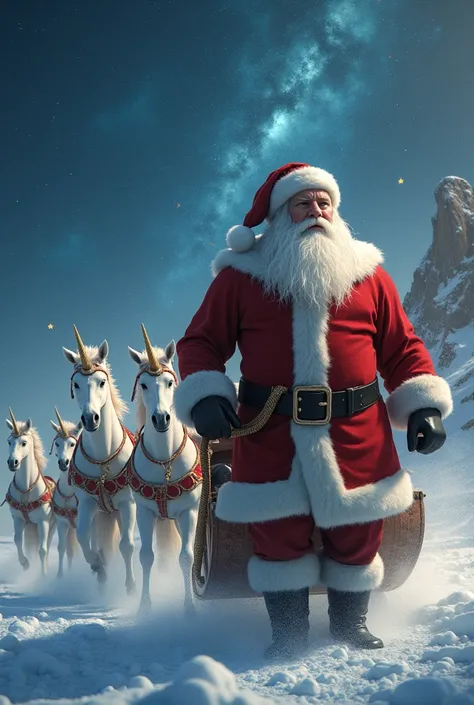  muscular Santa Claus pulling a sleigh carried by unicorns with eagle wings, while a starry sky illuminates the scene 