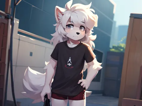 furry boy, white dog, thick hair, detailed body, regular clothes, high quality