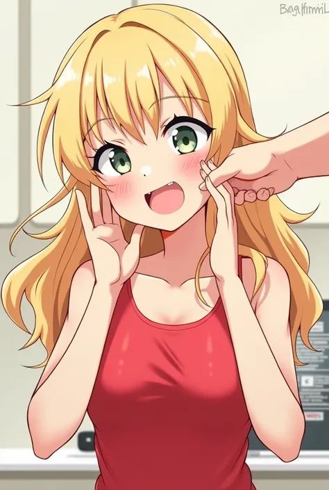 Blond haired woman in a red tank top being tickled and trying to fight back the laughter anime art style