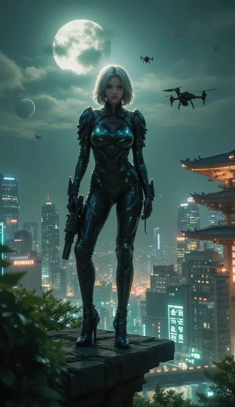 In a cyberpunk cityscape at night, under the glow of a full moon, a lone woman stands at the edge of a Japanese temple. She’s a militant combatant, clad in a tight, holographic armor suit that seamlessly blends with the surrounding scenery. Her attire is a...