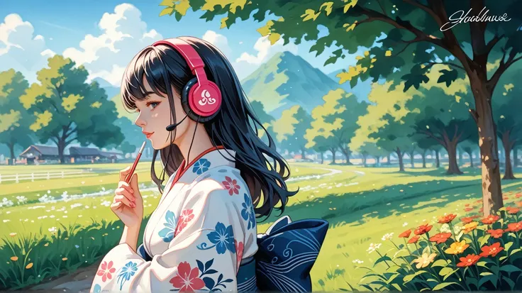 A woman in a kimono、Black hair,  Cannabis field Background、Listen to music、Headphones（Watercolor）（Blurred outline）（Vibrant colors）（Very delicate lines）（masterpiece）（A fantastic atmosphere）（Very high quality）（Three-dimensional painting）The Style of Kawanabe...