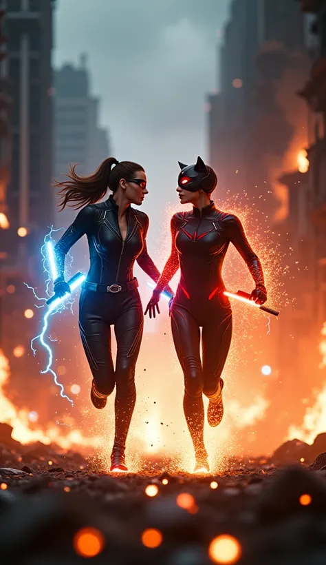 A 5-second ultra-realistic cinematic video capturing the intense moment when Black Widow and Catwoman rush towards each other in a fiery urban battlefield and merge into a single hybrid hero. The video begins with Black Widow sprinting from the left, her e...