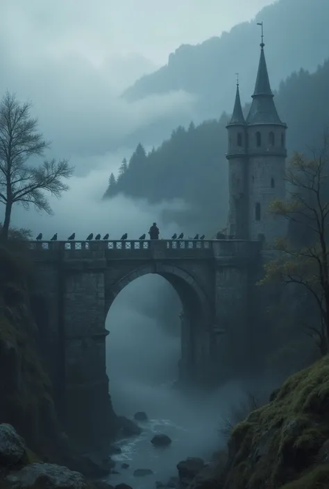 In a scene that captures the essence of “Old bridge shrouded in fog,” a realistic depiction of an ancient bridge emerges from the foggy and dim landscape. The bridge, reminiscent of medieval Europe, is adorned with sophisticated design elements that reflec...