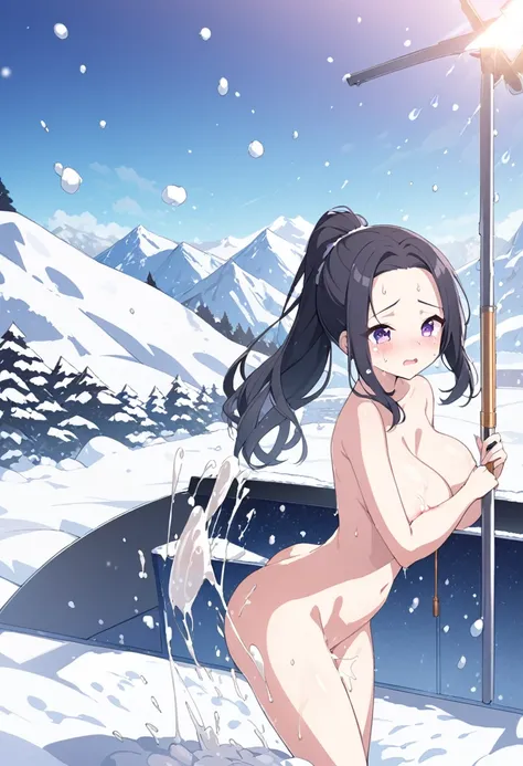 Saionji Rei, (alternative girls)  black hair, short hair, forehead, long ponytail, high ponytail, purple eyes,,, large breasts,, Live Stage, solo .nsfw, Heavy snowfall area, frozen, (Sweating profusely, Love juice, Wet Woman, female ), crying, mountain, Al...