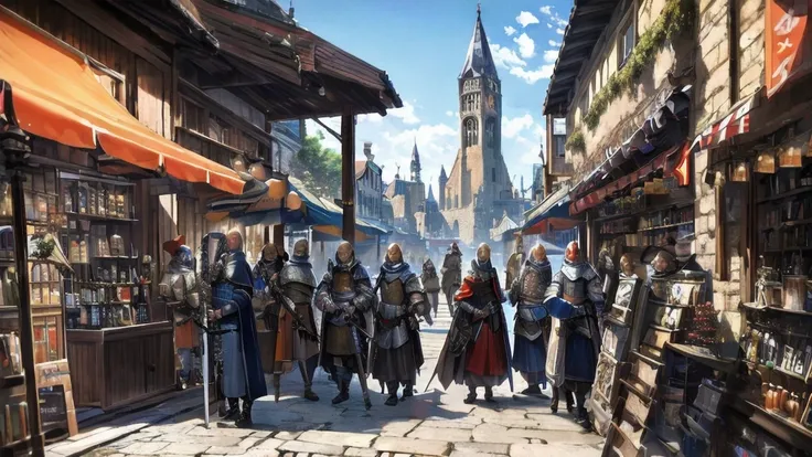 terrain,Distant view,Fantasy style,Medieval architecture,white brick wall,orange roof,cobblestone road,bustling shops,vendor,shout,customer,lively street,Background crowd in medieval costumes,Guards in armor,city gate,Few notable pedestrians,Wizard holding...