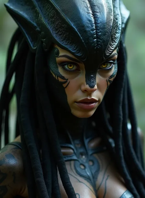 1 female alien, The predator, (extremely beautiful:1.2), (intense gaze:1.4), (predator:1.1), long dark claws, (NSFW:0.8), nipples, thick eyebrows, (shine golden eyes:1.5), the most beautiful face in the universe, jet black hair

A woman with an extremely b...