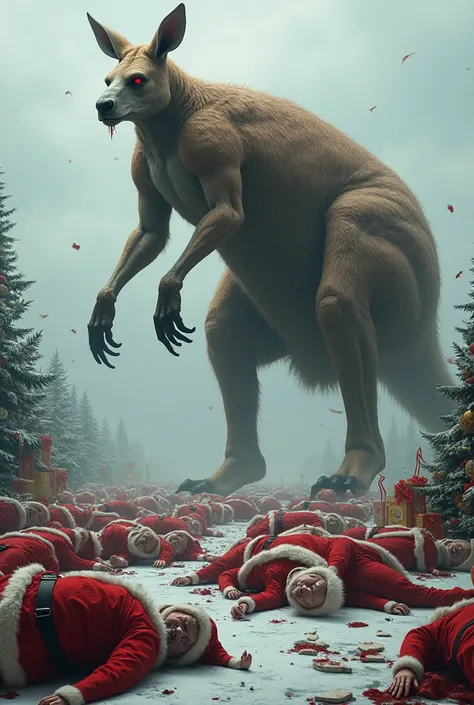 Many Santas killed by more hands of a giant kangaroo 
