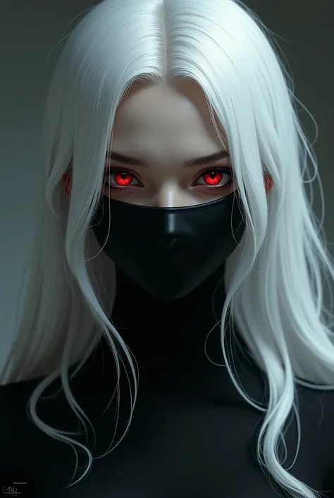 And she wears a black mask, she has red eyes, she has white hair. 