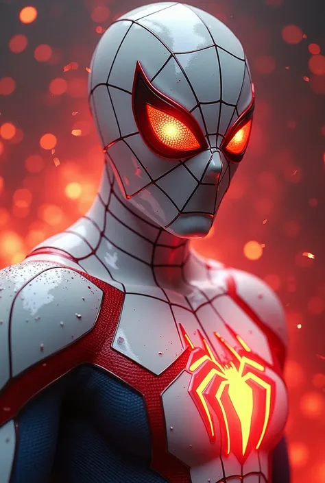 spider - man in a white suit with glowing eyes and a red fire, a hyperrealistic painting by Vladimír Vašíček, pexels, digital art, amazingly epic visuals, amazing cgi, futuristic style spiderman, an epic anime of a energy man, spiderman as electro, epic sc...