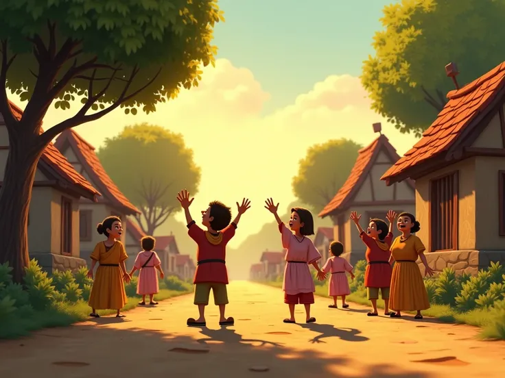 Some of the villagers wave at him, smiling and grateful. The village is serene and peaceful under the morning sun. Shadows of trees, houses, and villagers are back to normal, stretching naturally in the sunlight.  Disney Pixar style animation