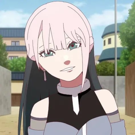  Image with three ren together just like team 7 from the Naruto universe , The middle one has pink hair on the top and the rest black , Black eyes too,   a boy with white hair and blue eyes with a dot in the corner of his mouth and another character with b...