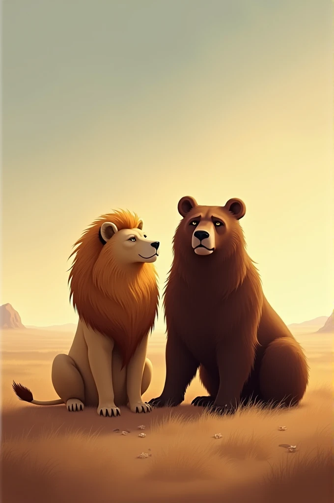 A serene depiction of a lion and a bear sitting peacefully together in an open, desolate field. The lion, with its golden mane flowing gently in the wind, sits calmly next to the bear, whose thick brown fur contrasts with the dry, barren land. The sky is v...