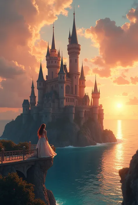 Castle in the middle of the sea, With the sunset behind and a princess on her balcony